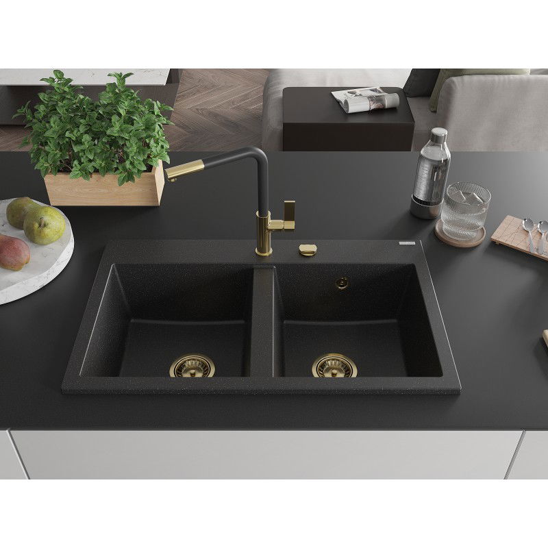 Mexen Hektor granite sink 2-bowl 800 x 480 mm, black/silver metallic, gold siphon - 6521802000-73-G