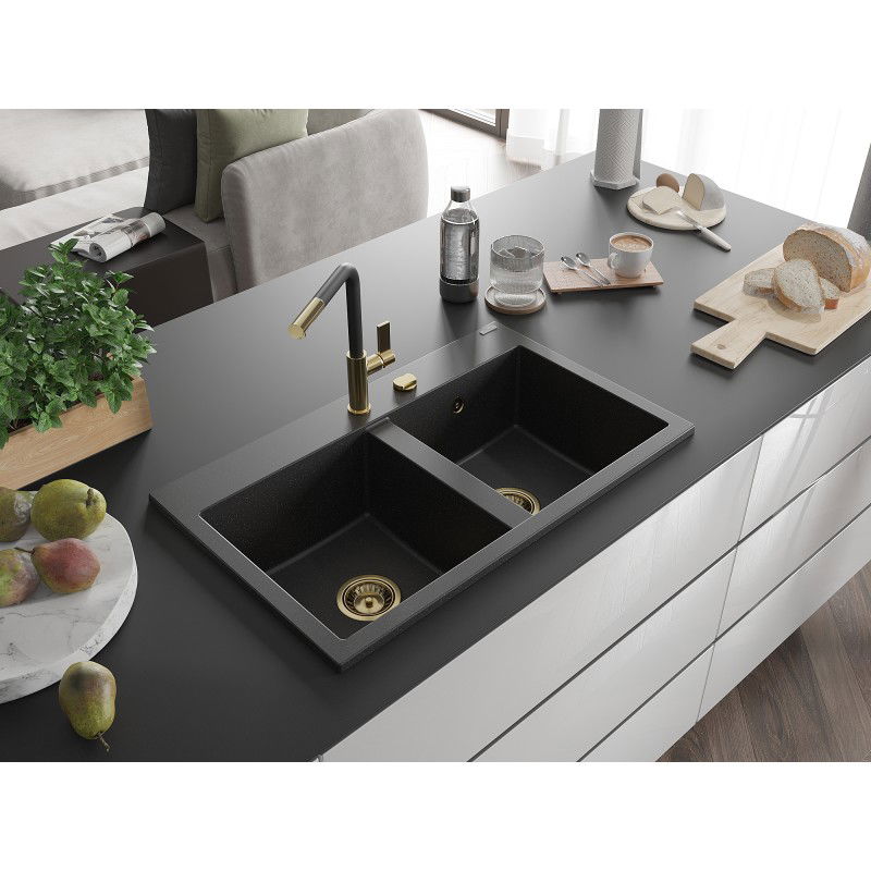 Mexen Hektor granite sink 2-bowl 800 x 480 mm, black/silver metallic, gold siphon - 6521802000-73-G