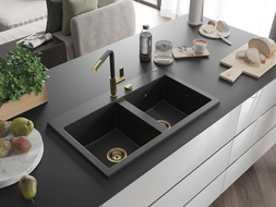 Mexen Hektor Granite Sink 2-Compartment 800 x 480 mm, Black/Silver Metallic, Gold Siphon - 6521802000-73-G