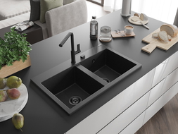 Mexen Hektor Granite Sink 2-Bowl 800 x 480 mm, Black/Silver Metallic, Black Siphon - 6521802000-73-B