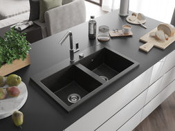 Mexen Hektor 2-bowl granite sink 800 x 480 mm, black/gold metallic, chrome siphon - 6521802000-75