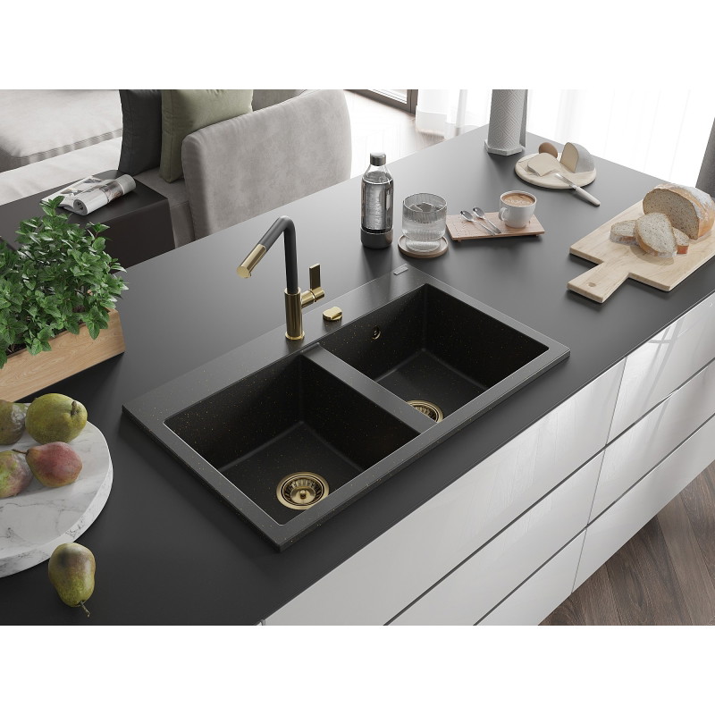 Mexen Hektor granite kitchen sink 2-bowl 800 x 480 mm, black/gold metallic, gold siphon - 6521802000-75-G