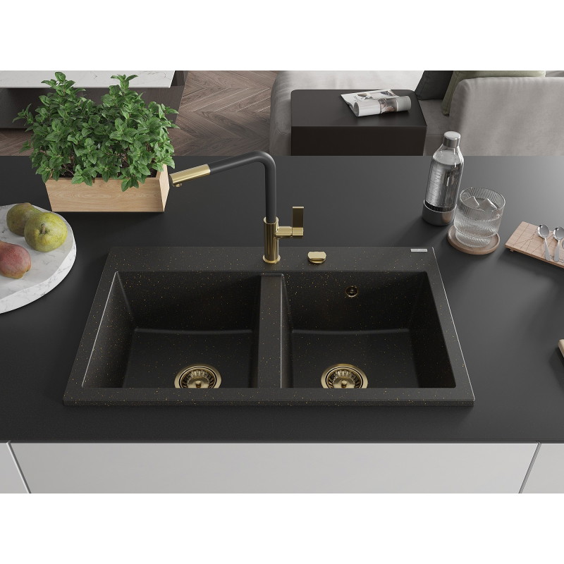 Mexen Hektor granite kitchen sink 2-bowl 800 x 480 mm, black/gold metallic, gold siphon - 6521802000-75-G