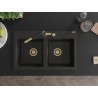 Mexen Hektor granite kitchen sink 2-bowl 800 x 480 mm, black/gold metallic, gold siphon - 6521802000-75-G