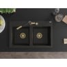 Mexen Hektor granite kitchen sink 2-bowl 800 x 480 mm, black/golden metallic, golden siphon - 6521802000-75-G