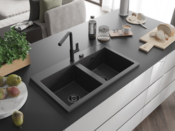 Mexen Hektor 2-Basin Granite Sink 800 x 480 mm, Black Speckled, Black Siphon - 6521802000-76-B