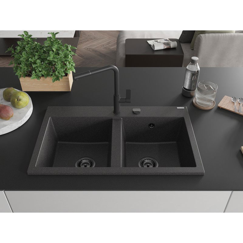 Mexen Hektor 2-Basin Granite Sink 800 x 480 mm, Black Speckled, Black Siphon - 6521802000-76-B