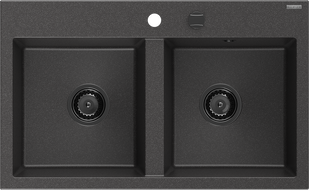 Mexen Hektor 2-Basin Granite Sink 800 x 480 mm, Black Speckled, Black Siphon - 6521802000-76-B