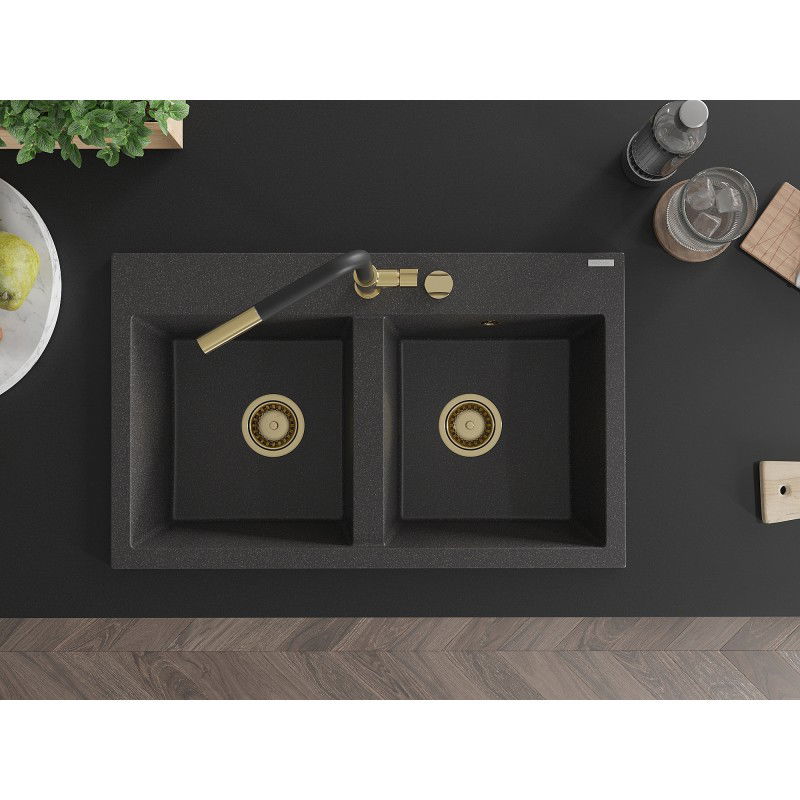 Mexen Hektor granite sink 2-chamber 800 x 480 mm, black speckled, golden siphon - 6521802000-76-G