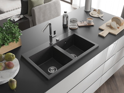 Mexen Hektor Granite Sink 2-Bowl 800 x 480 mm, Black Speckled, Chrome Siphon - 6521802000-76