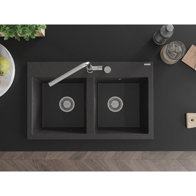 Mexen Hektor granite sink 2-bowl 800 x 480 mm, black speckled, chrome siphon - 6521802000-76