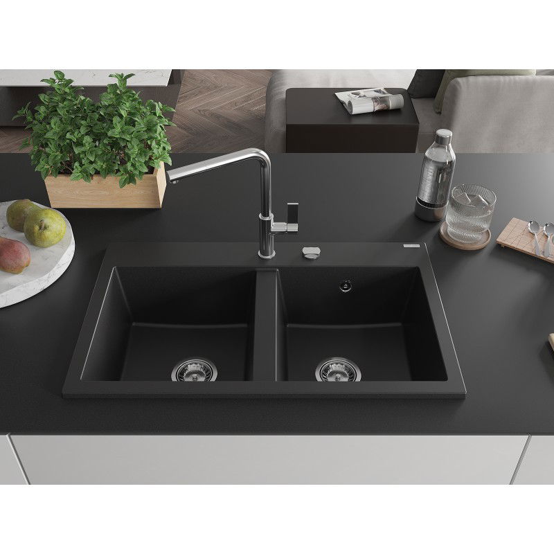 Mexen Hektor 2-Bowl Granite Sink 800 x 480 mm, Black, Chrome Siphon - 6521802000-77