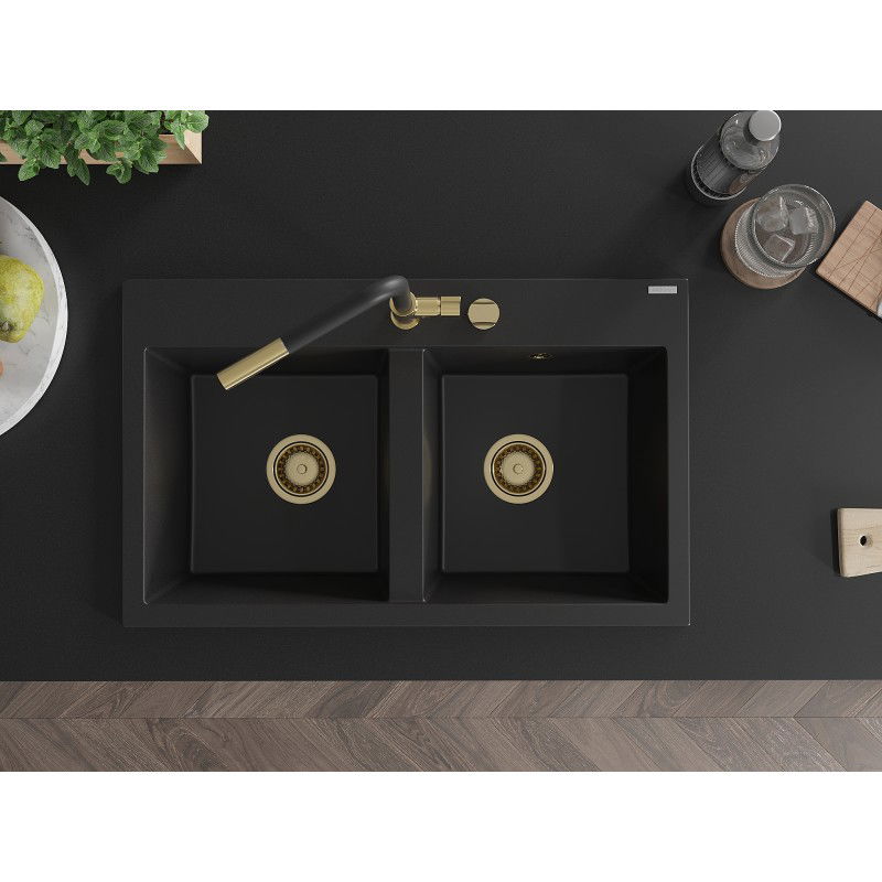 Mexen Hektor granite sink double-bowl 800 x 480 mm, black, gold siphon - 6521802000-77-G