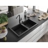 Mexen Hektor granite sink, 2-bowl 800 x 480 mm, black, black siphon - 6521802000-77-B