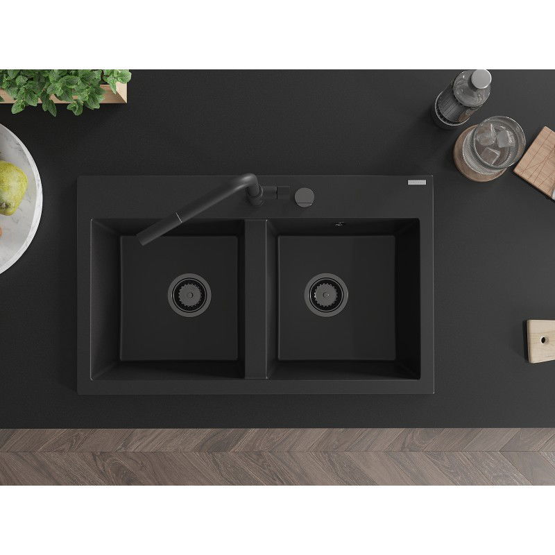 Mexen Hektor granite sink 2-bowl 800 x 480 mm, black, black siphon - 6521802000-77-B