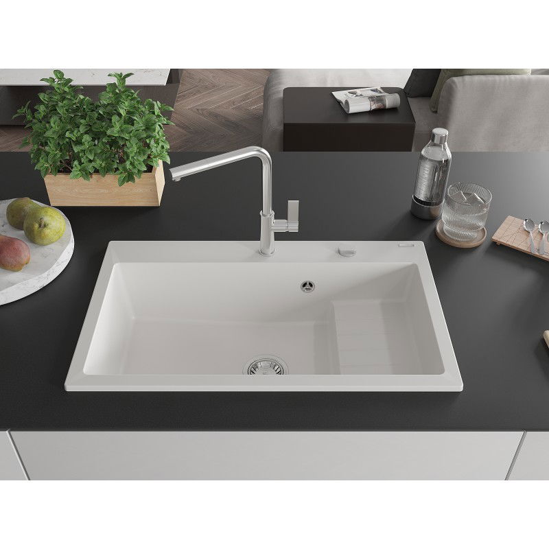 Mexen Omar granite sink 1-bowl 800 x 480 mm, white, chrome siphon - 6520801005-20