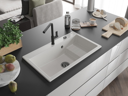 Mexen Omar granite sink 1-bowl 800 x 480 mm, white, black siphon - 6520801005-20-B