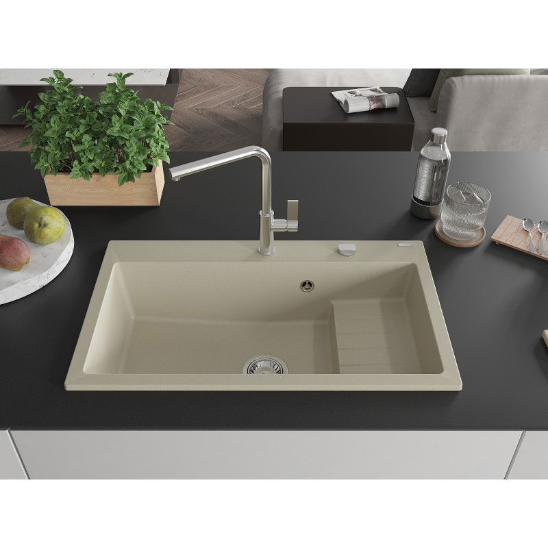 Mexen Omar granite sink single-bowl 800 x 480 mm, beige, chrome siphon - 6520801005-69