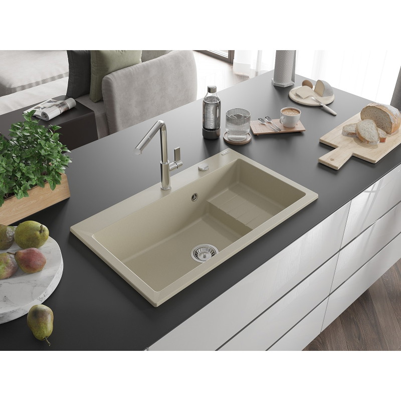 Mexen Omar granite single-bowl sink 800 x 480 mm, beige, chrome siphon - 6520801005-69