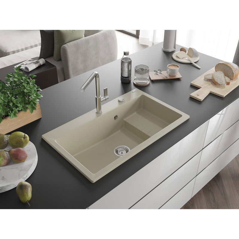 Mexen Omar granite sink single-bowl 800 x 480 mm, beige, chrome siphon - 6520801005-69