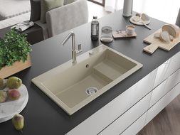 Mexen Omar granite sink single-bowl 800 x 480 mm, beige, chrome siphon - 6520801005-69