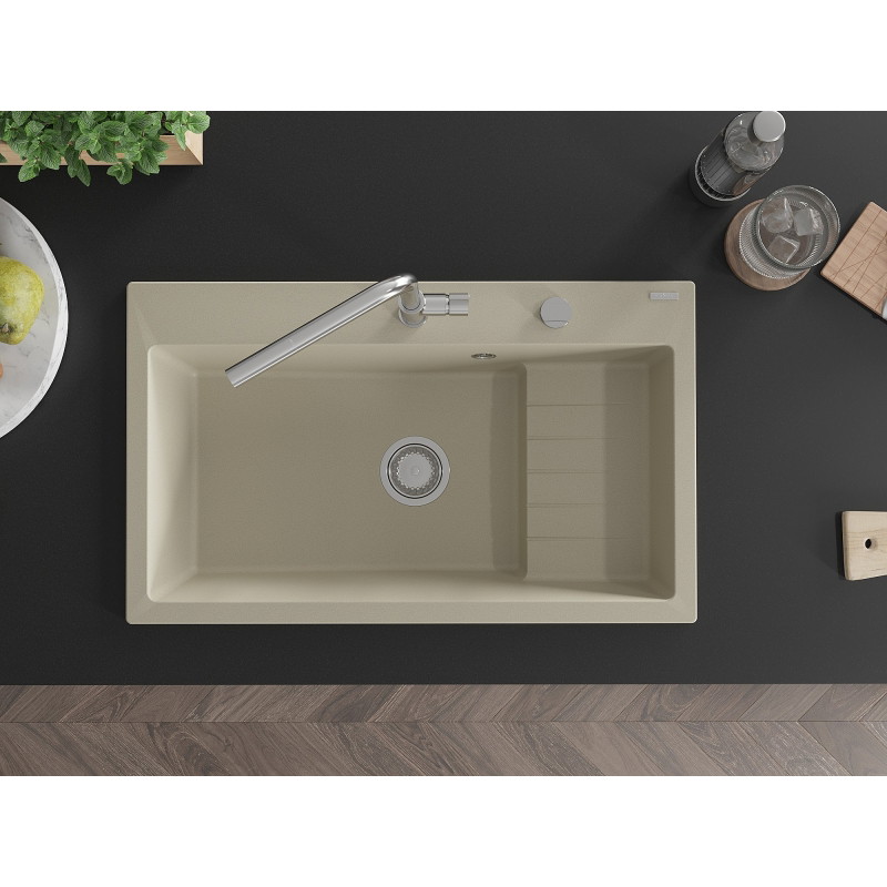 Mexen Omar granite single-bowl sink 800 x 480 mm, beige, chrome siphon - 6520801005-69