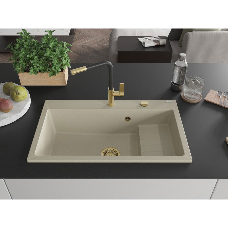 Mexen Omar granite sink 1-bowl 800 x 480 mm, beige, gold siphon - 6520801005-69-G