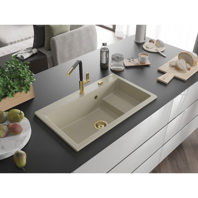 Mexen Omar granite sink 1-bowl 800 x 480 mm, beige, gold siphon - 6520801005-69-G