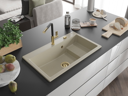 Mexen Omar granite sink 1-bowl 800 x 480 mm, beige, golden siphon - 6520801005-69-G
