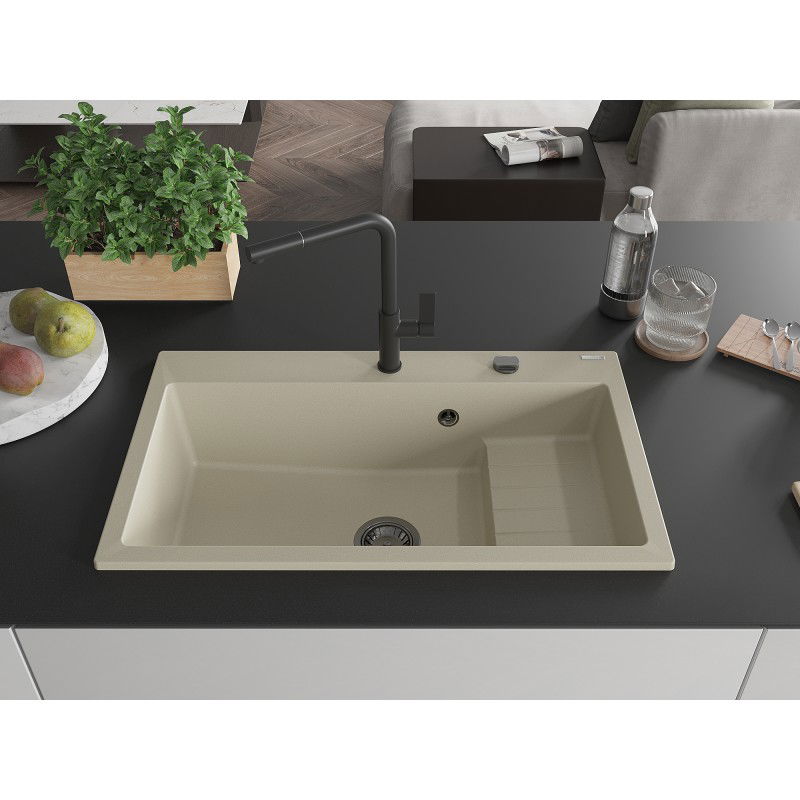 Mexen Omar granite sink 1-bowl 800 x 480 mm, beige, black siphon - 6520801005-69-B