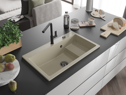 Mexen Omar granite sink 1-bowl 800 x 480 mm, beige, black siphon - 6520801005-69-B