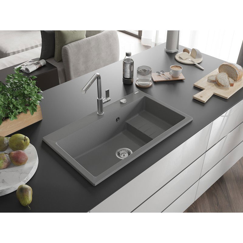Mexen Omar granite sink 1-bowl 800 x 480 mm, grey, chrome siphon - 6520801005-71