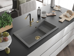 Mexen Omar granite kitchen sink 1-bowl 800 x 480 mm, grey, gold siphon - 6520801005-71-G