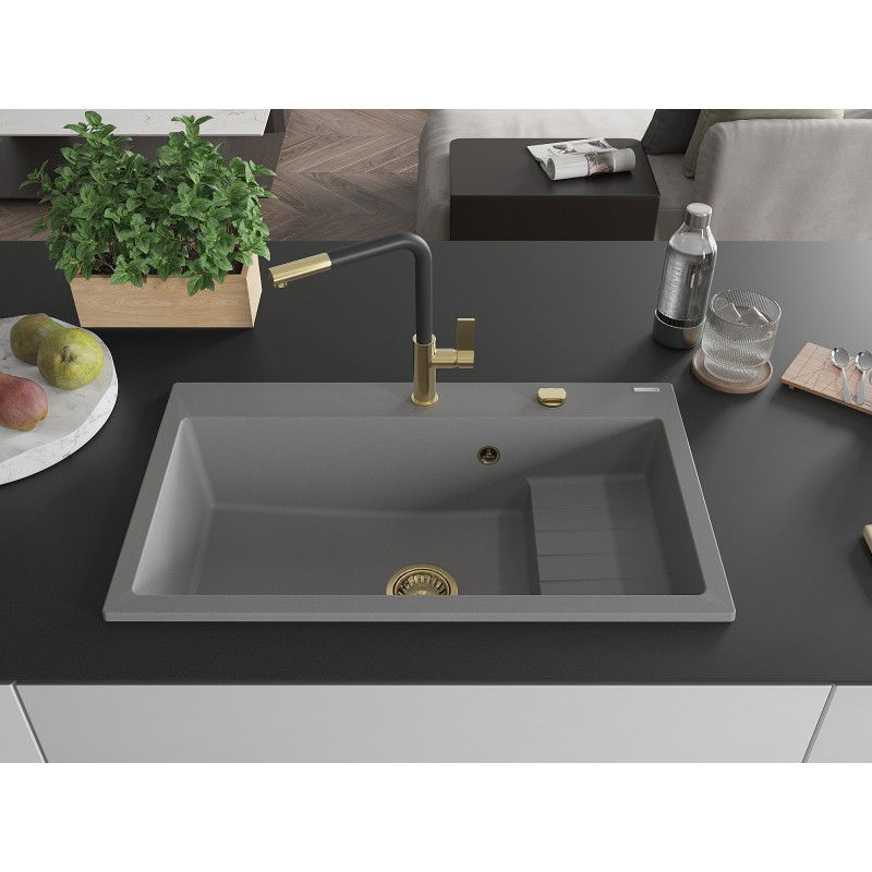 Mexen Omar granite kitchen sink 1-bowl 800 x 480 mm, grey, gold siphon - 6520801005-71-G