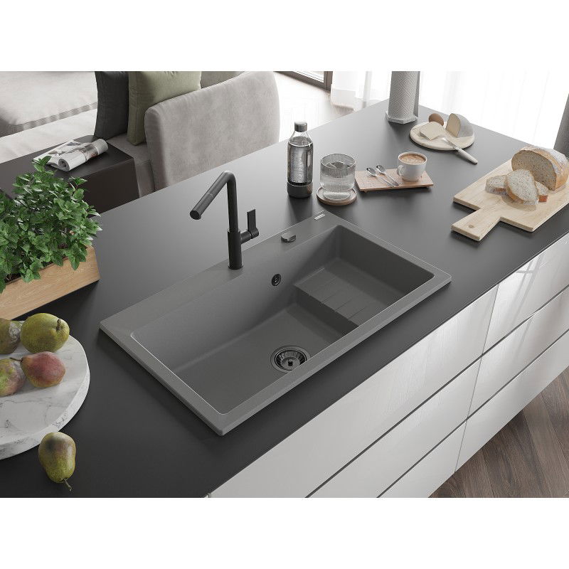 Mexen Omar 1-bowl granite sink 800 x 480 mm, grey, black siphon - 6520801005-71-B