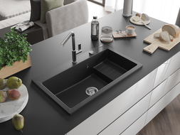 Mexen Omar granite sink single-bowl 800 x 480 mm, black/silver metallic, chrome trap - 6520801005-73