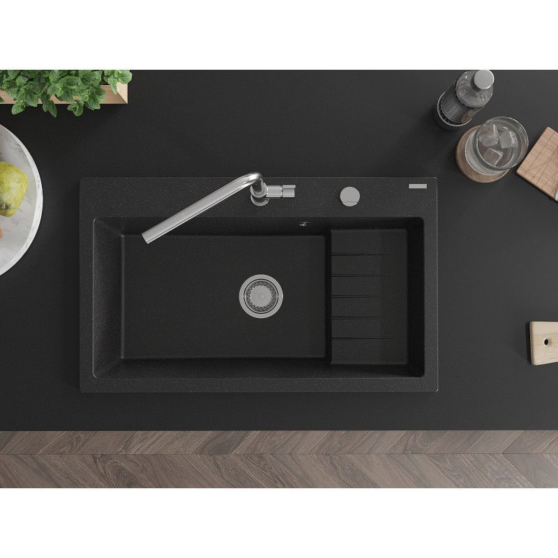 Mexen Omar granite sink 1-bowl 800 x 480 mm, black/silver metallic, chrome siphon - 6520801005-73