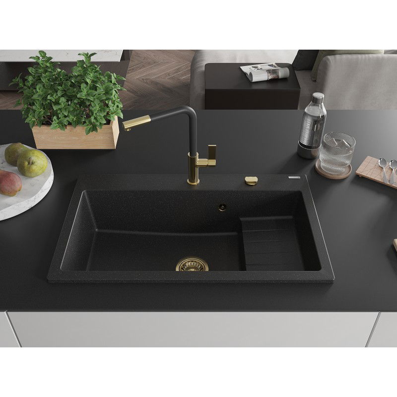 Mexen Omar granite sink 1-bowl 800 x 480 mm, black/silver metallic, gold siphon - 6520801005-73-G