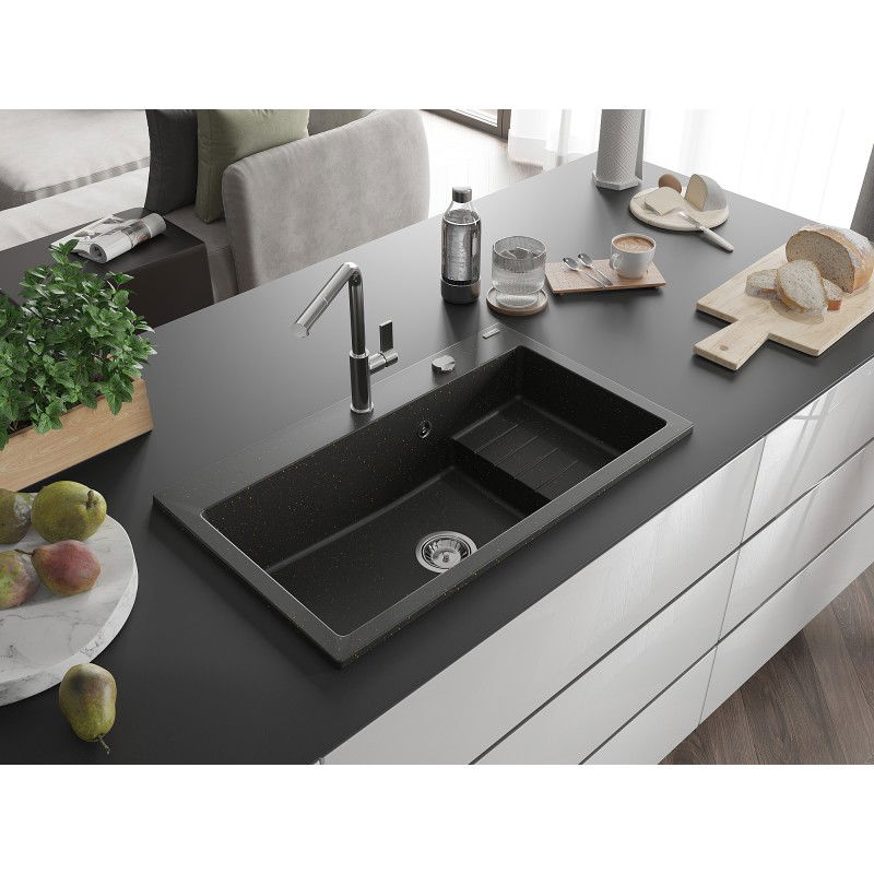 Mexen Omar 1-bowl Granite Sink 800 x 480 mm, Black/Gold Metallic, Chrome Siphon - 6520801005-75