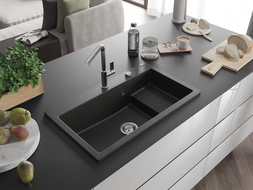 Mexen Omar granite sink 1-bowl 800 x 480 mm, black/gold metallic, chrome siphon - 6520801005-75