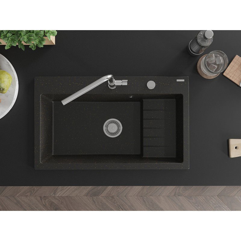 Mexen Omar 1-bowl Granite Sink 800 x 480 mm, Black/Gold Metallic, Chrome Siphon - 6520801005-75