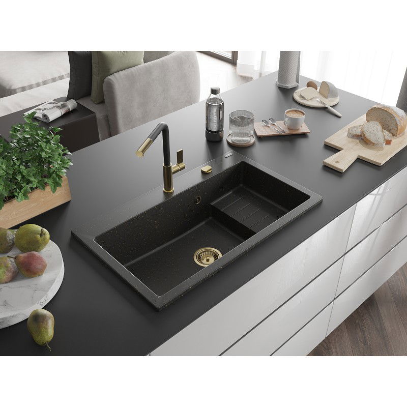 Mexen Omar granite sink 1-bowl 800 x 480 mm, black/gold metallic, gold siphon - 6520801005-75-G