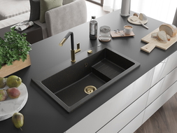 Mexen Omar granite sink 1-bowl 800 x 480 mm, black/gold metallic, gold siphon - 6520801005-75-G