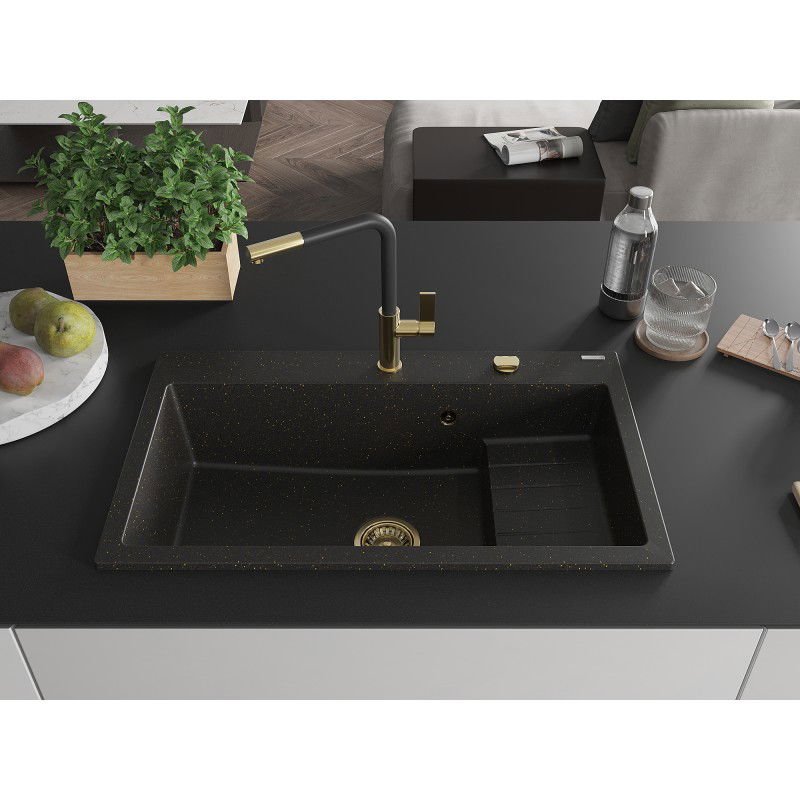 Mexen Omar granite sink 1-bowl 800 x 480 mm, black/gold metallic, gold siphon - 6520801005-75-G