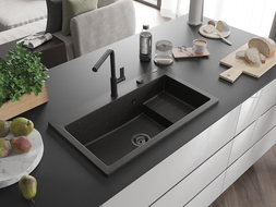 Mexen Omar 1-bowl granite sink 800 x 480 mm, black/gold metallic, black siphon - 6520801005-75-B