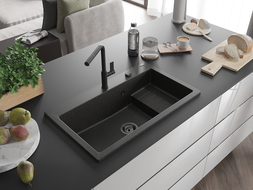 Mexen Omar granite kitchen sink 1-bowl 800 x 480 mm, black/gold metallic, black siphon - 6520801005-75-B