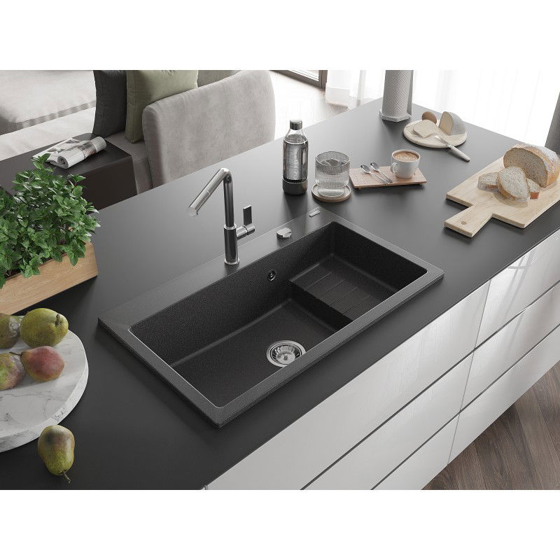 Mexen Omar granite sink 1-bowl 800 x 480 mm, black speckled, chrome siphon - 6520801005-76