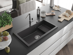 Mexen Omar granite kitchen sink 1-bowl 800 x 480 mm, black speckled, chrome syphon - 6520801005-76