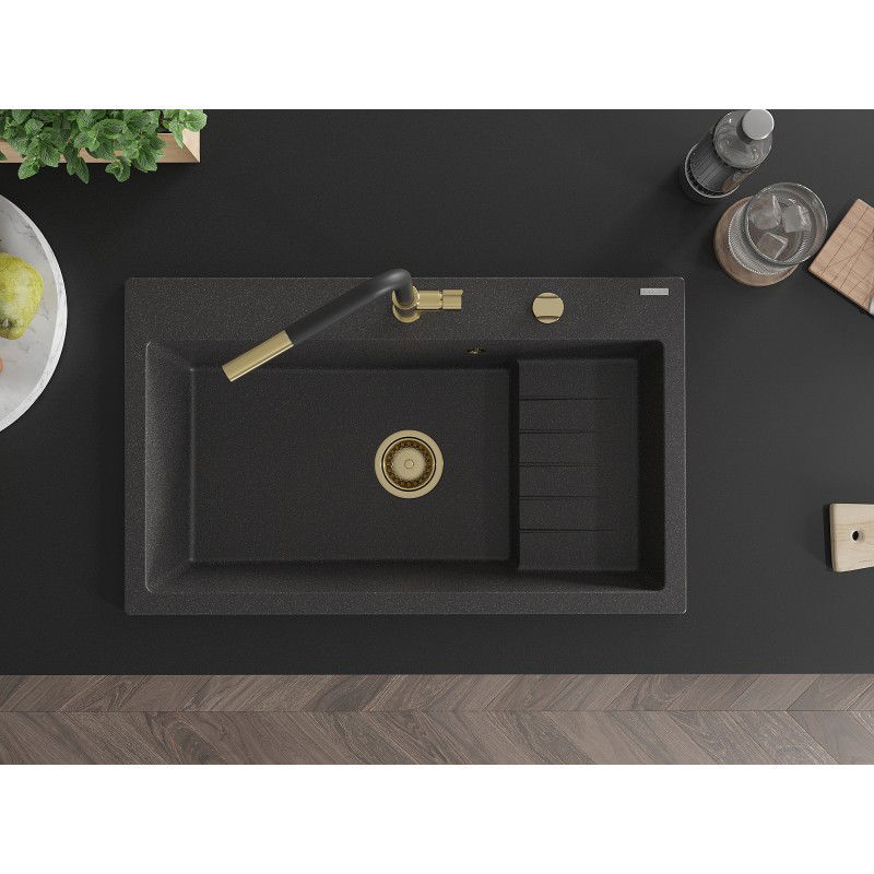 Mexen Omar 1-bowl granite kitchen sink 800 x 480 mm, black speckled, gold siphon - 6520801005-76-G