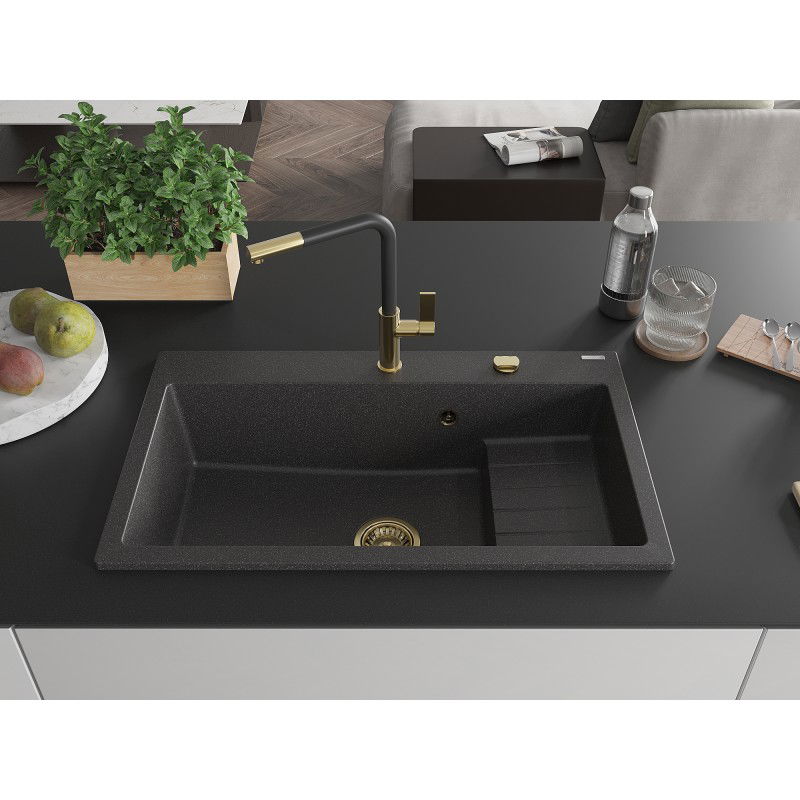 Mexen Omar 1-bowl granite kitchen sink 800 x 480 mm, black speckled, gold siphon - 6520801005-76-G